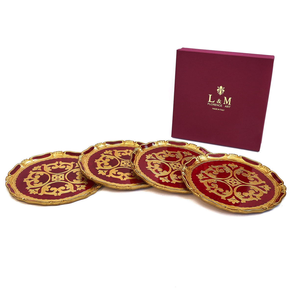 Set di sottopiatti fiorentini in legno, tovagliette in legno realizzate e dipinte a mano, colore rosso, d. cm 33, inches 13