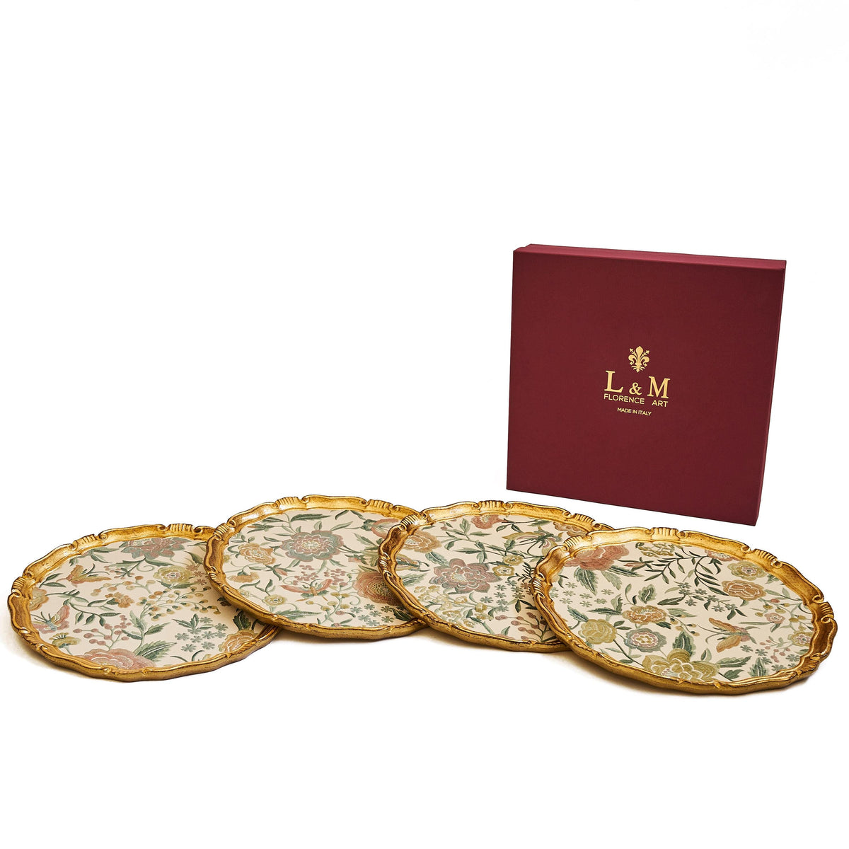 Set di sottopiatti fiorentini in legno, tovagliette in legno realizzate a mano, design floreale con carta decorativa floreale d.cm 33,13 inc