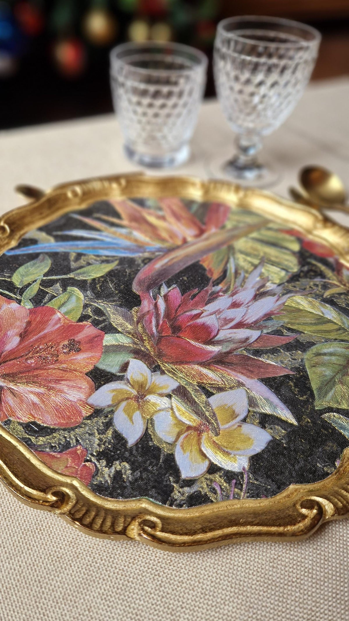 Set di sottopiatti fiorentini in legno, tovagliette in legno realizzate a mano, design floreale con carta decorativa, d. cm 33, 13 inches
