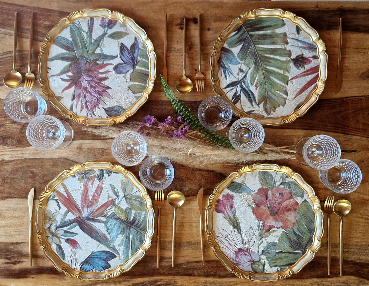 Set di sottopiatti fiorentini in legno, tovagliette in legno realizzate a mano, design floreale con carta decorativa, d. cm 33, 13 inches
