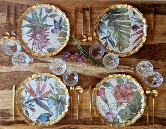 Set di sottopiatti fiorentini in legno, tovagliette in legno realizzate a mano, design floreale con carta decorativa, d. cm 33, 13 inches