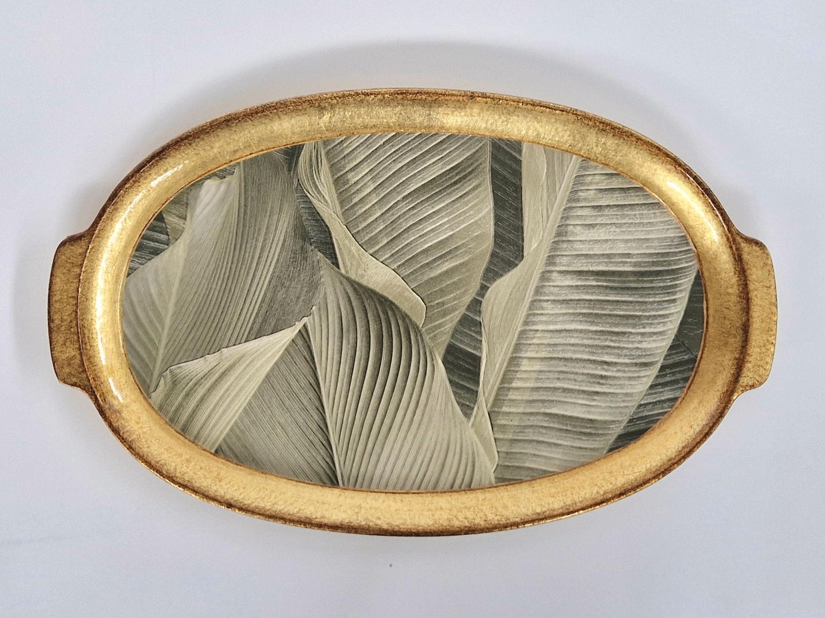 Vassoio Fiorentino in legno realizzato e decorato a mano, design botanico foglie, vassoio da portata per decorazione della tavola