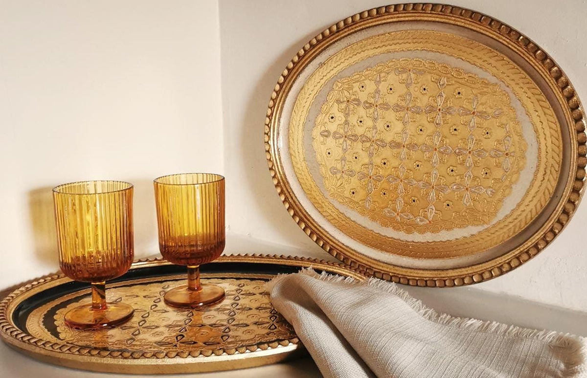 Vassoio Fiorentino in legno ovale, realizzato e decorato a mano, ideale per decorare la tavola e per eventi