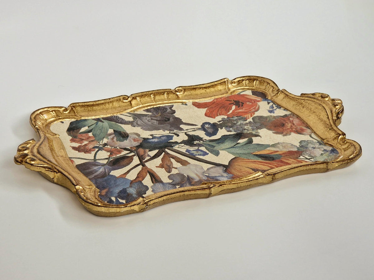 Vassoio Fiorentino in legno realizzato e decorato a mano, vassoio da portata design floreale