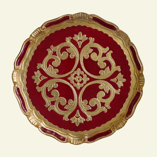 Set di sottopiatti fiorentini in legno, tovagliette in legno realizzate e dipinte a mano, colore rosso, d. cm 33, inches 13