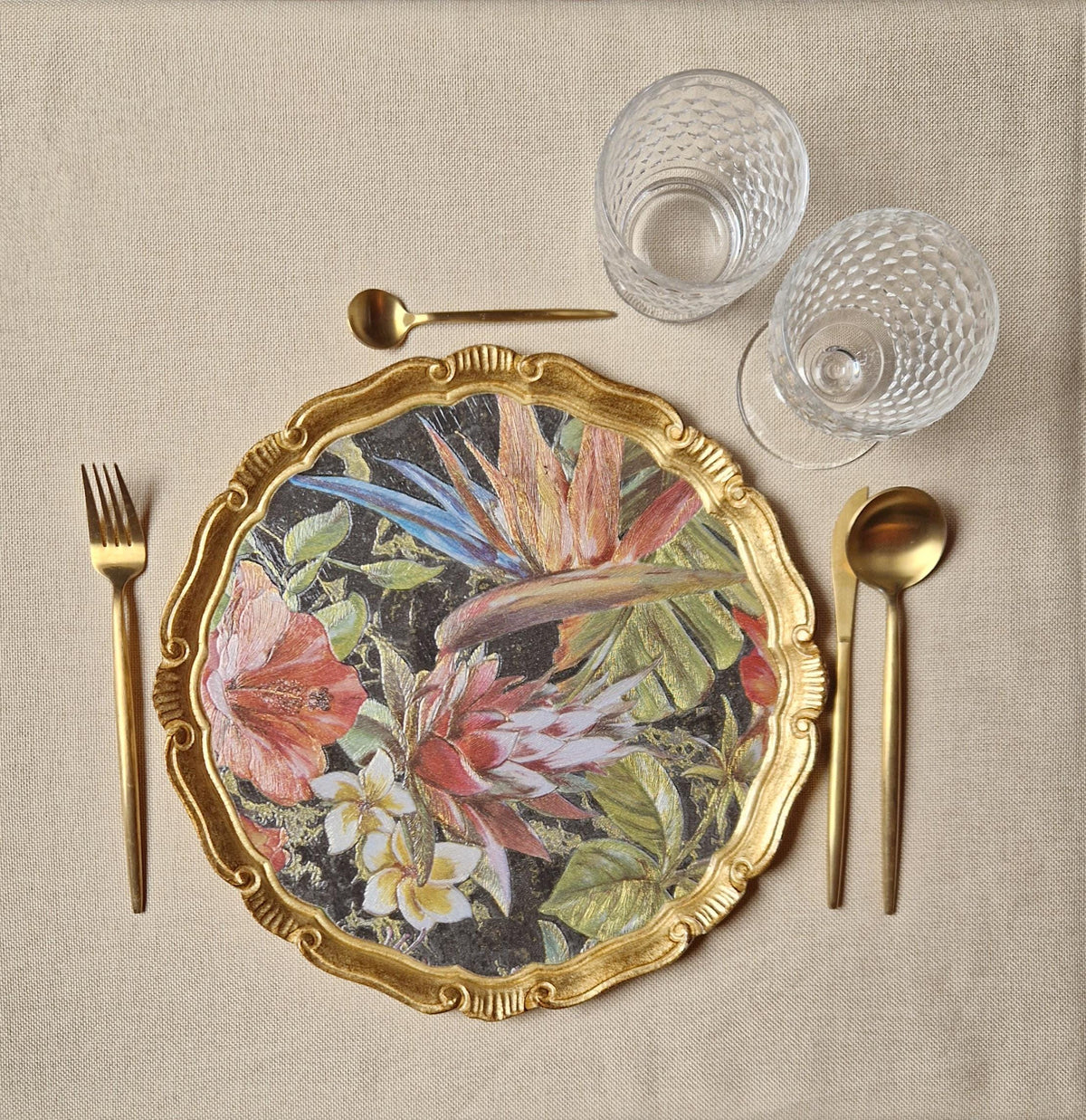 Set di sottopiatti fiorentini in legno, tovagliette in legno realizzate a mano, design floreale con carta decorativa, d. cm 33, 13 inches