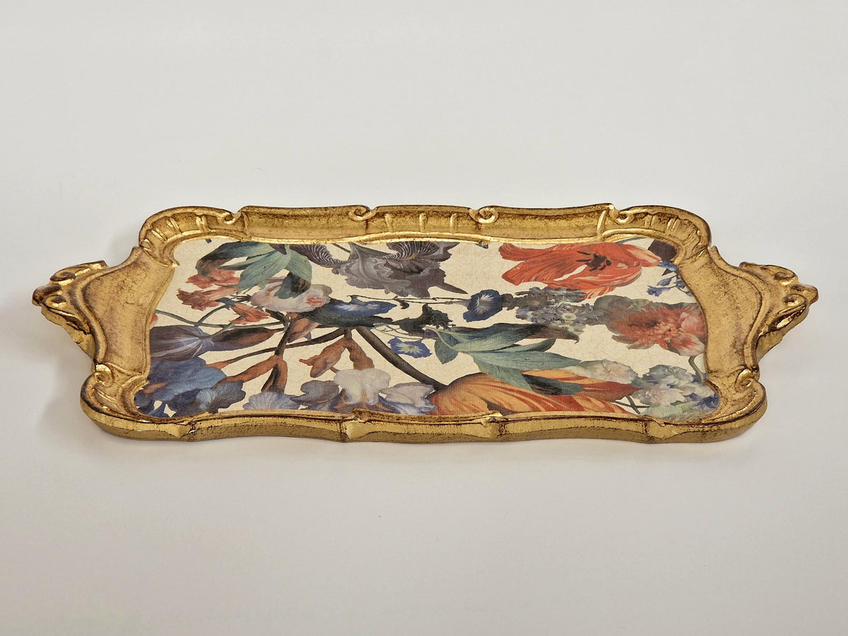 Vassoio Fiorentino in legno realizzato e decorato a mano, vassoio da portata design floreale