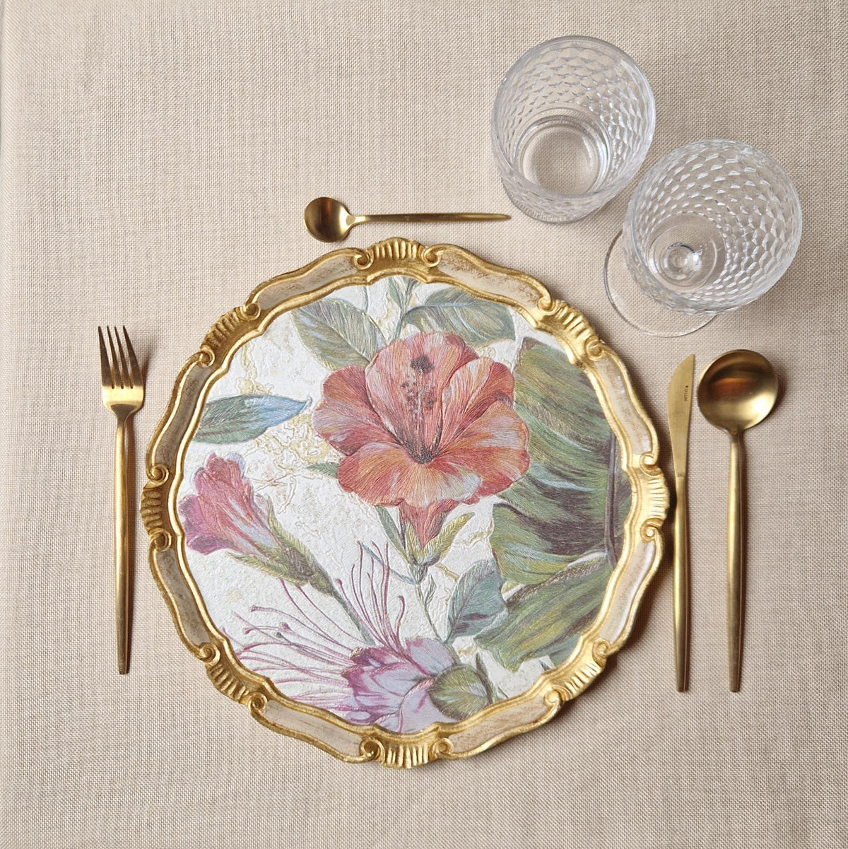 Set di sottopiatti fiorentini in legno, tovagliette in legno realizzate a mano, design floreale con carta decorativa, d. cm 33, 13 inches