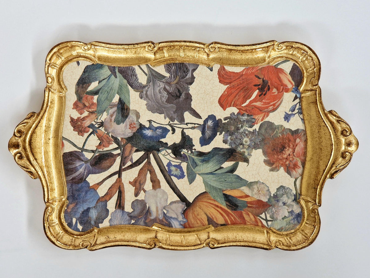 Vassoio Fiorentino in legno realizzato e decorato a mano, vassoio da portata design floreale