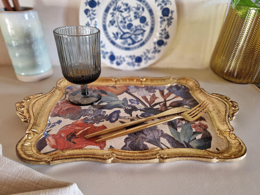 Vassoio Fiorentino in legno realizzato e decorato a mano, vassoio da portata design floreale