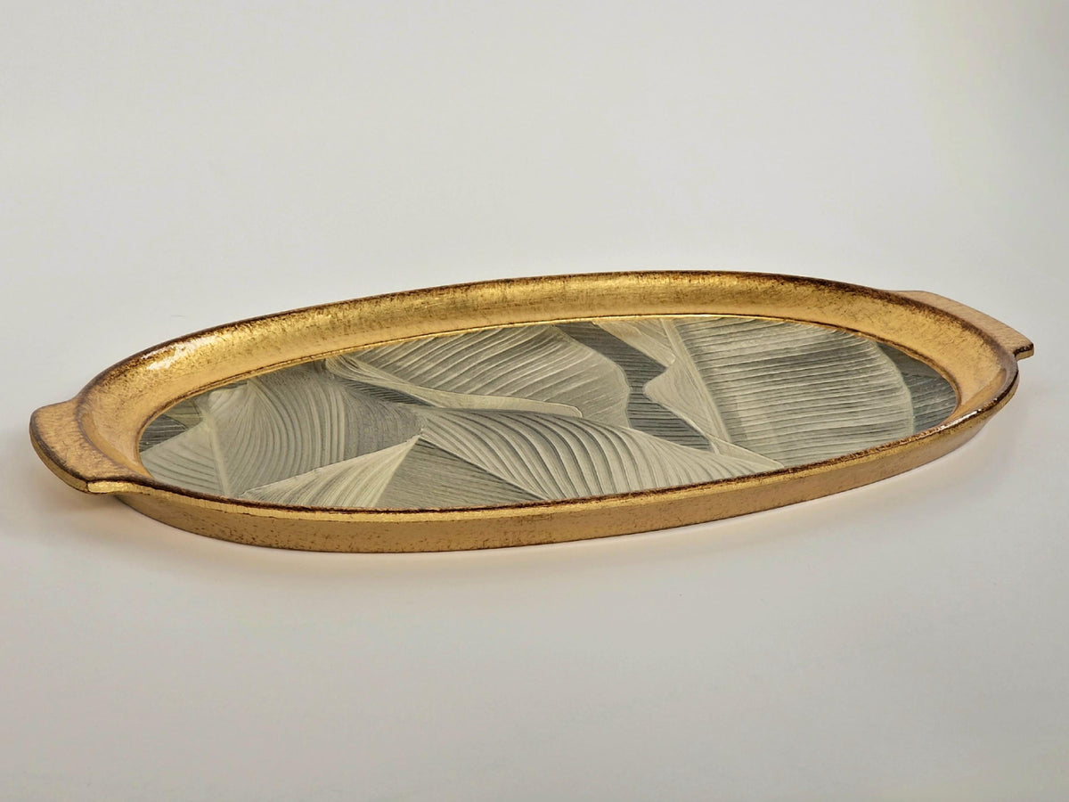 Vassoio Fiorentino in legno realizzato e decorato a mano, design botanico foglie, vassoio da portata per decorazione della tavola